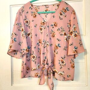 Lush Blouse, Floral Pink Tie-Front Top, Sz Medium Crop, Bell Sleeve EUC Coquette